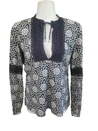 Top tunica Tory Burch blu navy astratto stampa floreale uncinetto cotone caftano taglia 2
