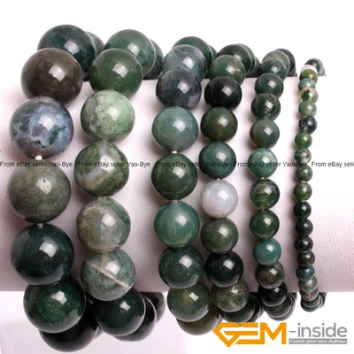 Pulsera elástica con cuentas redondas con dije de piedras preciosas de ágata musgo verde natural joyería 7" Foto 1 de 4