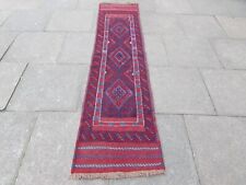 Vintage Hand Made Afghan Mushvani Oriental Red Blue Wool Narrow Runner 248x63cm