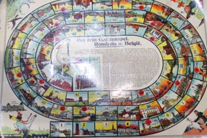 antique Game of Goose art print big ~19x25" laminated ganzenbord Rondreis Belgie - Picture 1 of 11