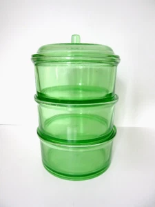 VINTAGE HAZEL ATLAS DEPRESSION GLASS 3 ROUND REFRIGERATOR STACKING DISH SET WLID - Picture 1 of 12