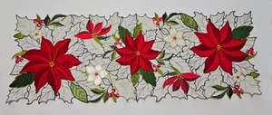 Christmas Embroidered Poinsettia Table Runner  St Nicholas Square Linen Blend - Picture 1 of 9