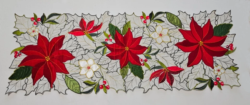 Christmas Embroidered Poinsettia Table Runner  St Nicholas Square Linen Blend - Image 1 of 4