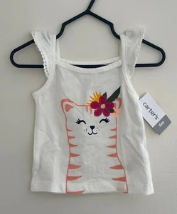 Carter's Baby Girls Embroidered Flower Cute Cat Flutter Sleeve Top,White,6 M,NWT - Picture 1 of 2