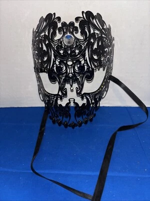 Black Venetian Style Metal Filigree Skull Masquerade Mask Mardi Gras Masked Ball - Image 1 of 4