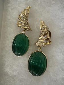 Glam Hutton Wilkinson HW Green Molded Glass CZ Statement Earrings Clip - Picture 1 of 7