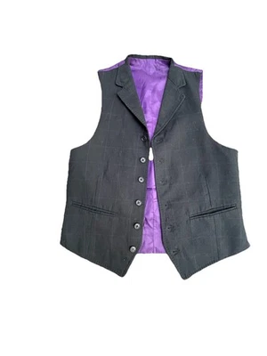Vintage Vest Black With Thin Blue Check Lines - Purple Backing Size Small - image 1 of 4