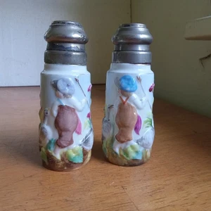 1880s PORCELAIN BOY LEADING A LINE OF GEESE MATCHNG SALT & PEPPER SHAKER SET - Picture 1 of 7