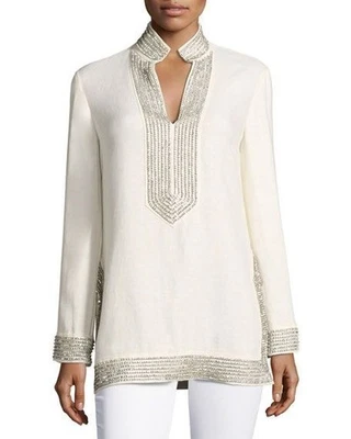 Top túnica Tory Burch para mujer 10 lino crema adornado con cristal de Swarovski Foto 1 de 4