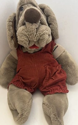 "Títere de mano de peluche Ganz WRINKLES The DOG 18"" 1981 bronceado con mono rojo" Foto 1 de 4