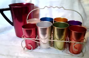 Vintage Bascal Colorful Aluminum Pitcher, 8 Tumblers, Caddy, 1 Tumbler Cover - Picture 1 of 20
