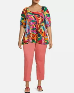 NWT Terra & Sky Women's 1X 16W / 18W Big Leaf Tropical Puff Sleeve Babydoll Top - Picture 1 of 11