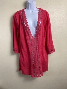 La Blanca Womens Crochet Trim Cover-Up Dress size Medium Boho 3/4 Sleeve beach - Picture 1 of 15