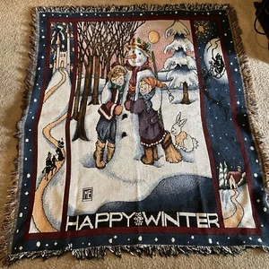 Christmas “Happy Winter” Tapestry/Throw Blanket W/Fringe 5x4’ Snowman/Kids - Picture 1 of 2