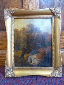 Angeln Antik Öl auf Leinwand Gemälde Landschaft Fluss Kunst Goldrahmen 20er Jahre - Bild 1 von 11