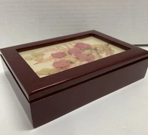 Jewelry Keepsake Box Dried Pressed Flowers Glass Top Wood Signed Vintage 8x6x2.5 - Picture 1 of 12