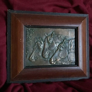 Antique Xlarge Hungary Bronze Relief Medal Plaque Horse Family Derby Stable Wood - Picture 1 of 12