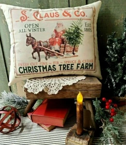 PRIMITIVE VINTAGE FOLK ART CABIN CHRISTMAS WINTER SANTA 1805 TREE FARM PILLOW - Picture 1 of 7