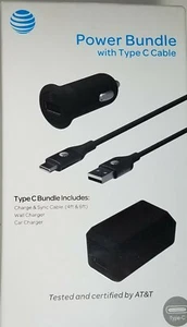 AT&T Type C Power Bundle Car & Home Charger 4pc Set / Braided 4ft 6ft Cable NEW - Picture 1 of 10