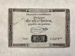 ~1792 France Assignat 10 Livres - French Revolution Banknote - FREE US SHIPPING - Picture 1 of 2