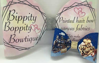 NAVY POLAR EXPRESS XMAS 4" PRINTED CANVAS FABRIC BOW LOOPS MAKE OWN HAIR BOWS - Image 1 of 3