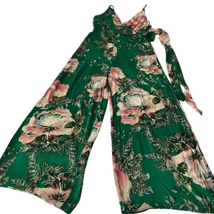Free People Emerald Green Floral Wide Leg Jumpsuit Size 4 - Picture 1 of 8