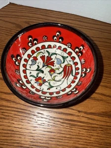 Turkish Hand Painted 5” Ceramic Bowl - Red Floral - Picture 1 of 3