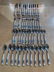48 Pieces Sakura Snowman 12 Each Forks Table Teaspoons Knives Flatware Stainless - Picture 1 of 7