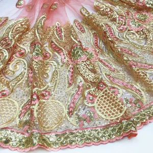 Lacebook Gold African French Lace Fabric Tulle Mesh Fabric Embroidery Sequins - Picture 1 of 37