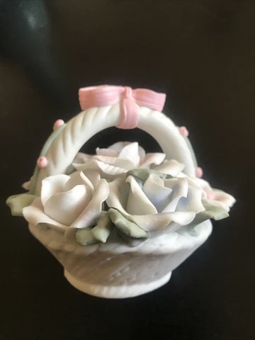 Small White Porcelain Basket w/ Purple & White Flowers & Pink Ribbon on Handle Cover