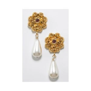 Victorian Drop Faux Pearl Earrings with Garnet Bead - Museum Store Collection - Picture 1 of 2