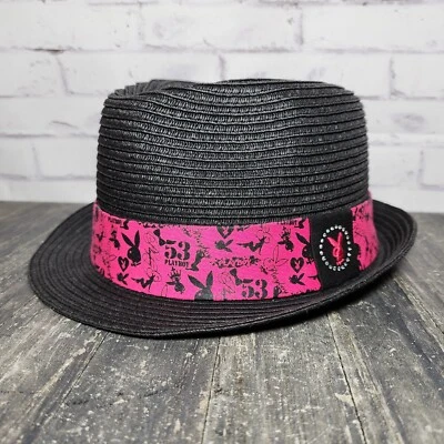 Размер L/XL - Playboy винтажный Y2K Fedora соломенная шляпа розовый и черный с стразами - Изображение 1 из 4