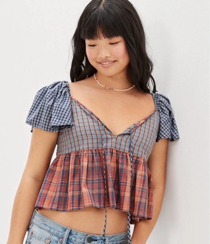 Blusa sin mangas American Eagle a cuadros guinga babydoll para mujer talla mediana” Foto 1 de 4