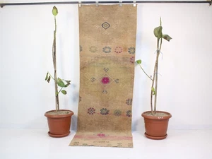 Vintage Turkish Runner Rug 2.4 x 7.4 ft – Handwoven Beige Pink Oushak Carpet - Picture 1 of 10