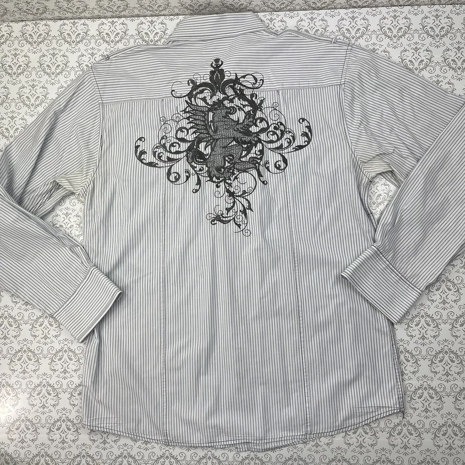 City Ink Castel Betrano Striped Button Up Big Crest Back Logo Shirt Men’s XL - Image 1 of 4
