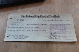 TIENTSIN, CHINA BRANCH NATIONAL CITY BANK OF NEW YORK CHECK 1932 - Picture 1 of 2