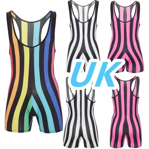 AU Mens Striped Boxer Rompers Leotard Sleeveless Bodysuit Wrestling Singlet - Picture 1 of 29