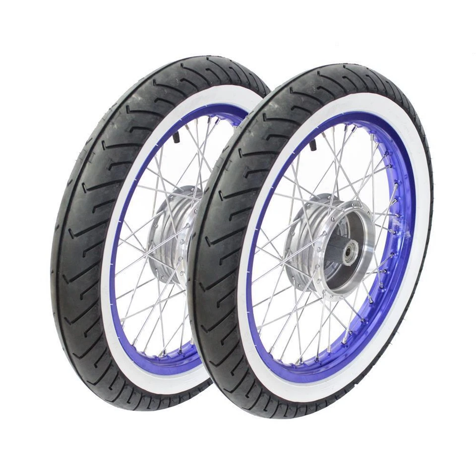 Paar Kompletträder Weißwand Reifen für Simson S51 S50 Schwalbe Star Sperber blau - Bild 1 von 1