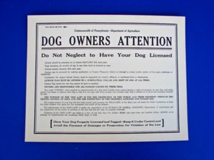 RARE Vintage 1952 PA Dept of Agriculture Dog License DOG LAW ! 11" X 14" Poster - Picture 1 of 9