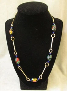 VINTAGE VENETIAN GLASS MILLEFIORI NECKLACE & MODERNIST GOLD TONE CHAIN - Picture 1 of 5