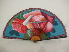 Vtg 13" Hand-painted Rose Bamboo & Paper Double Sided Painted W/ Plastic Handle