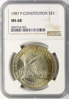 1987-P Constitution $1 Silver Dollar Commemorative NGC MS68 Color Toning! - Image 1 of 4