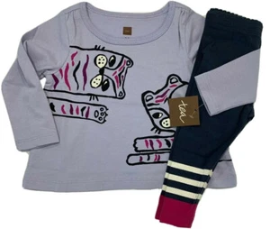 NWT Tea Collection Girls 3-6 Months Purple Tiger Cat Shirt and Leggings Set - Picture 1 of 7