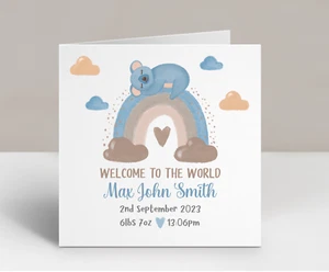 Personalised New Baby Boy Card Birth Details Blue Rainbow Koala Welcome World - Picture 1 of 2