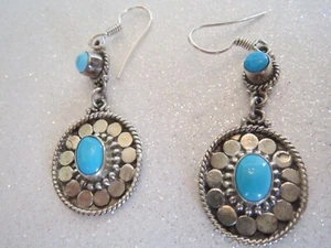 made in THAILAND 925 STERLING SILVER Oval TURQUOISE DANGLE DROP EARRINGS 2"Long - Picture 1 of 7