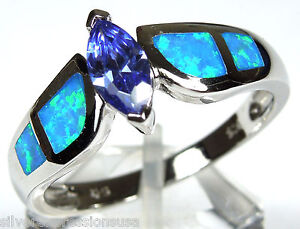 Marquise Tanzanite & Blue Fire Opal Inlay 925 Solid Sterling Silver Ring 6-9