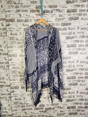 Kimono Duster Blue Floral Tassle Boho Floral Hippie Festival Flowy - Image 1 of 4