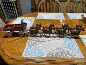 Vintage Cast Iron Horse Drawn Beer Wagon with Driver and 8 Clydesdales Budweiser - Picture 1 of 11