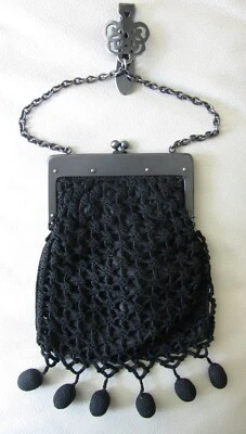 Antique Silver Gun Metal Floral Belt Clip Frame Black Crochet Tassel Kilt Purse - Image 1 of 4