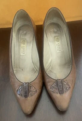 GUCCI Brown Leather Pump Heel Italy VTG Elegant Designer 2” Heel 37.5 B - Image 1 of 4